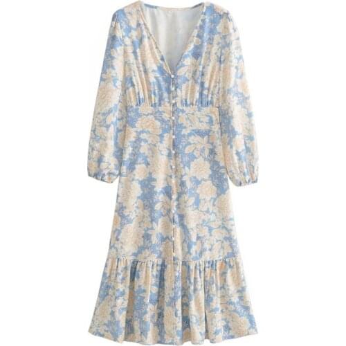 2021 Holiday French style Women Flower Print Shirt Dress Office Ladies Center Buttons V Collar Retro Summer Dresses Vintage