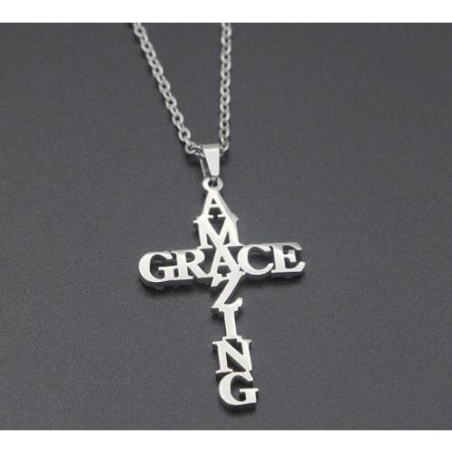 VILLWICE Gold Plated Stainless Steel Amazing Grace Cross Necklace Women Men Religious Christian Jewelry Gifts