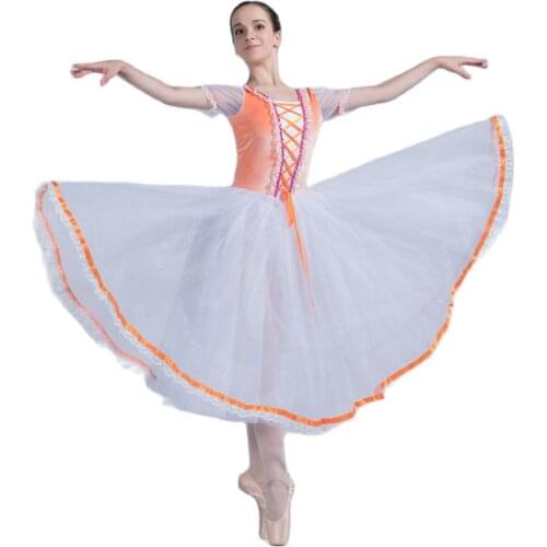 All For Dance Orange Velvet Top Bodice 360° Tulle Long Romantic Dress With Ribbon For Ballerina Ballet Dance Performance Tutus