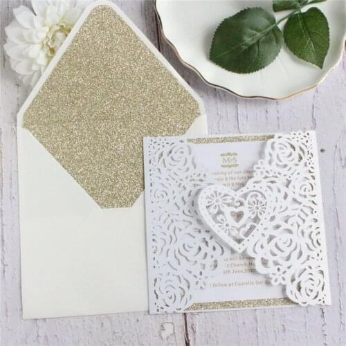 White invitation cards heart laser cut glittery gold insert cards envelops 50pcs