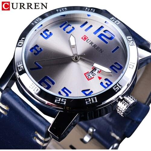 CURREN Calendar Display Blue Genuine Leather Belt 3D Laser Dial Mens Quartz Watches Waterproof Top Brand Luxury Hour Male Clock