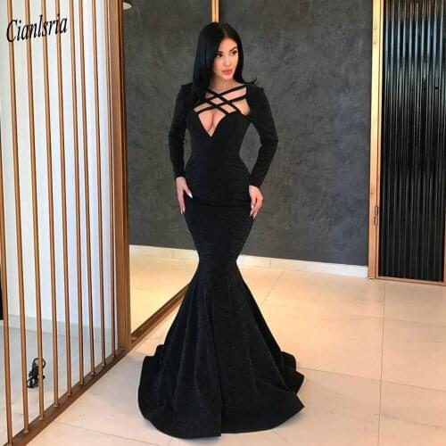 Black Sexy Criss-Cross Long Sleeve Mermaid Evening Dresses Sweetheart Simple Satin Formal Evening Party Dress