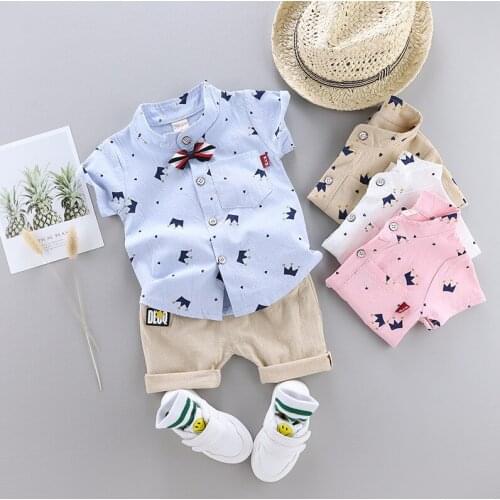 Kids Clothes Boys Two Piece Set Bear Short Sleeve Tie Shirt Shorts Boys Gentleman Clothes Set Cotton Boutique Boys Outfits