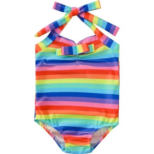 Newborn Baby Girl Swimsuits, One Piece Halter Colorful Stripe Bathing Suits Rainbow Swimwear