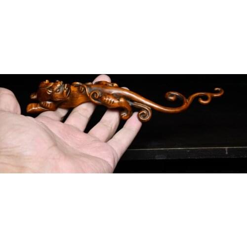 Home Decor 9" China Collection Old Boxwood Chinese dragon statue Long tail brave pen holder Wooden dragon pen holder