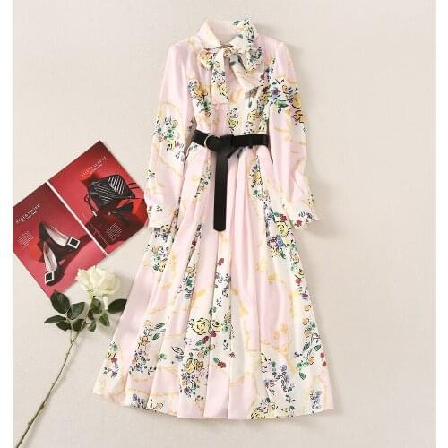 French autumn 2021 elegant pink lapel print lace-up dress