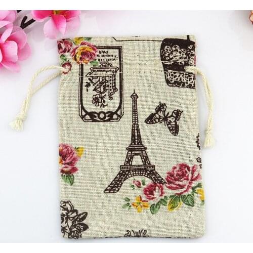Design For Choose Cute Eiffel Tower Cotton Bag 50 pcs/Lot 10x14cm Drawstring Jewelry Bags For Beads Bracelet Gifts Packaging