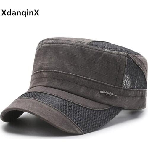 XdanqinX Summer Men Flat Cap Washed Cotton Navy Hat Breathable Mesh Military Hats Snapback Cap Adjustable Size Casual Sports Cap