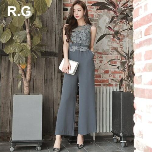 RG Elegant Lace Patchwork Rompers Womens Jumpsuit Women Wide Leg Pant Bodysuit Romper Summer combinaison pantalon femme elegante