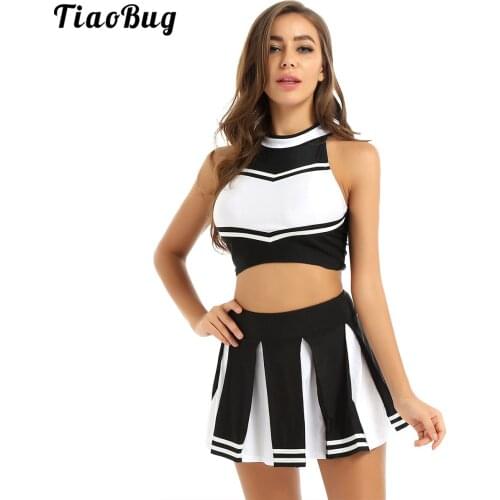 TiaoBug 2Pcs Women Adults Cheerleader Costume Uniform Outfit Stand Collar Sleeveless Crop Top With Mini Pleated Skirt