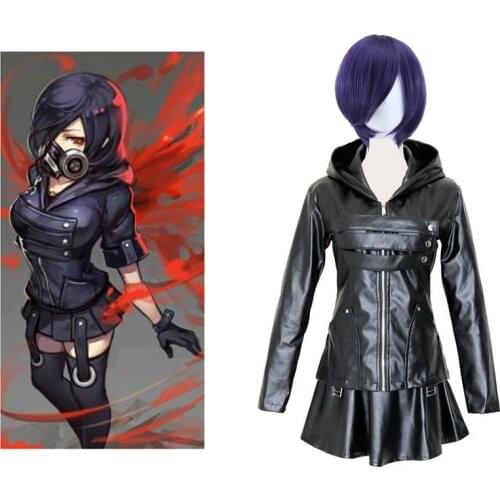 Tokyo Ghoul Leather Cosplay Costume Touka Kirishima Uniform Purple Wig Women Girls Full Set Jacket Skirt Stocking Carnival Dress