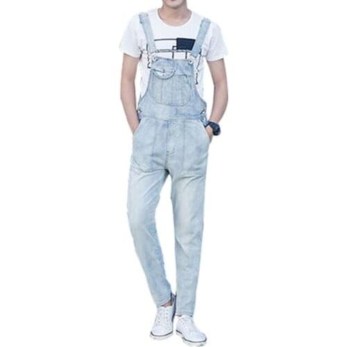 Summer Overalls Men Bib Jeans Straight Denim Jumpsuits Fashion Pocket Workwear Pants Light White Coverall Trousers users Size S