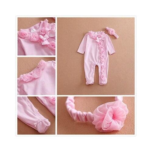 2pcs set !!! newborn baby girls 0~7M long sleeve cotton romper headband clothes outfits set pink