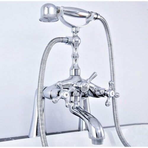 Silver Chrome Brass Deck Mounted Bathroom Tub Faucet Set with 1500MM Handheld Shower Spray Head Bath Mixer Tap 2tf752