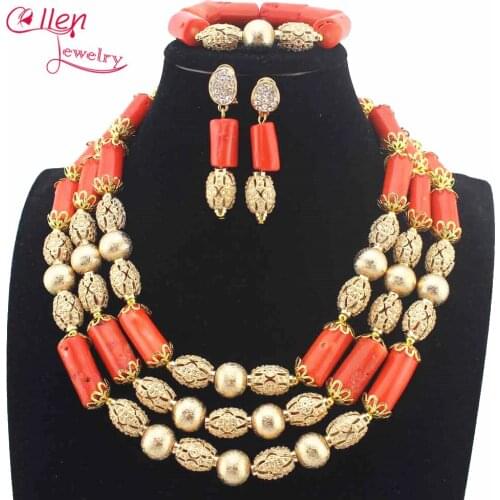 Latest Women Natural Coral beads women Necklace Sets nigerian Wedding African beads Jewelry Set earrings Free Ship W13886
