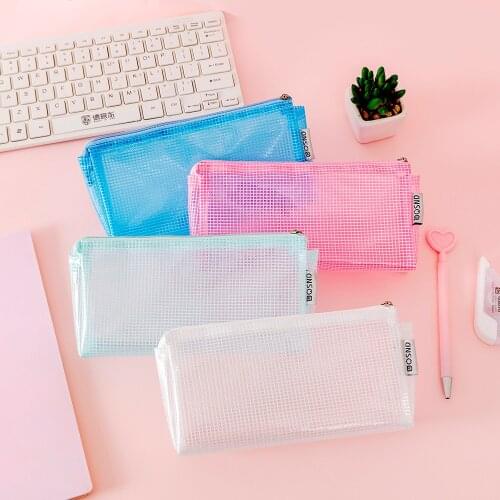 NEW 1pc Simple Transparent Mesh Pencil Case Office Student Pencil Cases Nylon Pen Bag School Stationery Supplies Gifts for Kids