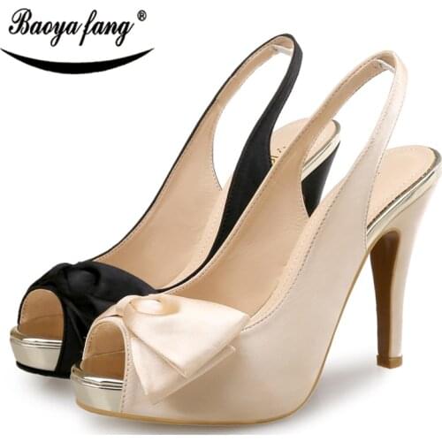 BaoYaFang New sexy black/Nude high Heels Sandals 10cm platform shoes woman Summer Sandals Bowtie fashion shoes