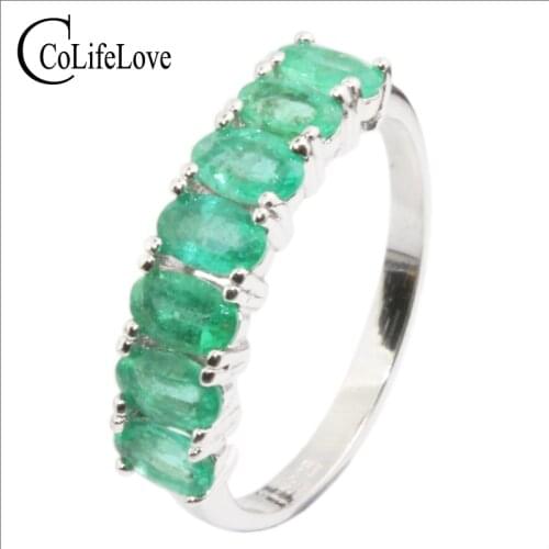Beautiful silver emerald engagement ring 7 pcs 3 mm * 5 mm natural SI grade emerald silver ring 925 sterling silver emerald ring