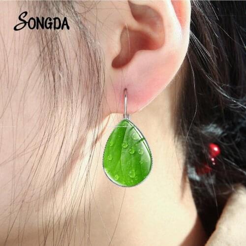Realistic Four Leaf Clover Earrings Green Red Orange Leaves Plant Glass Picture Exquisite Water Drop Earrings Handicrafts