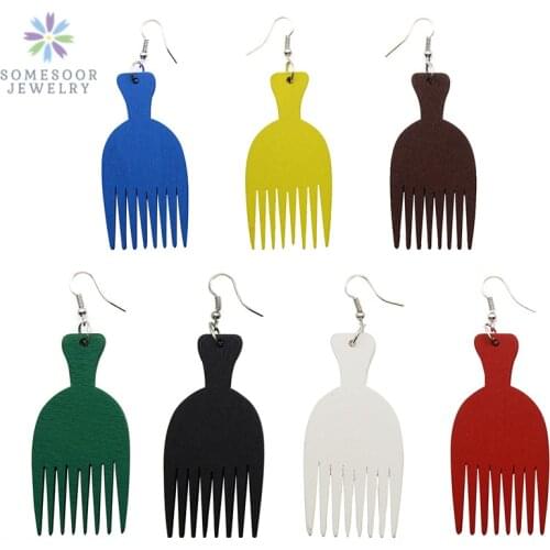 SOMESOOR 7 African Colors Comb Wood Drop Earrings Afrocentric Ethnic Vintage Handmade Dangle Jewelry For Girls Women Gift 6Pairs