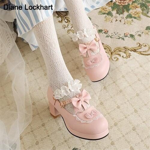 Brand Fashion Female Lolita Pink Cute Women Pumps Platform Mary Janes High Heels Pumps Sweet Cosplay Shoes Ladies White Beige