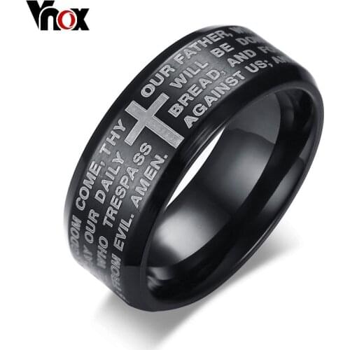 Vnox Engraved Bible Cross Ring for Men 3 Colors Option Stainless Steel Stylish Prayer Male Jewelry US Size #7- #13