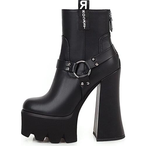 Autumn PU Leather Punk Gothic Women Ankle Boots with Zipper Super High Heeled Thick Platform Ladies Black Round Toe Ladies Shoes