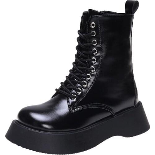 2020 Trend Female Shoes Women Boots Black Leather Ankle Boots Lace Up Shoes Girls Chunky Boots Shoes Platform Comfortable