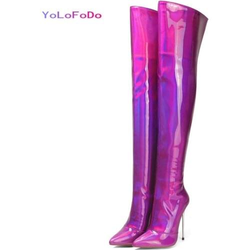 Purple Pink Red Gold Women Over the Knee Boots Fashion Pointed Toe Thin High Heel Ladies Thigh Boots Side Zipper Nightclub Shoes