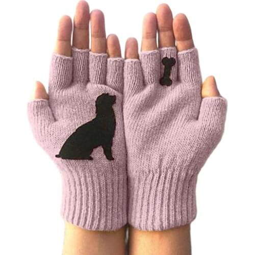 Women Winter Knitted Fingerless Gloves Kawaii Puppy Dog Bone Print Warm Mittens Premium Quality