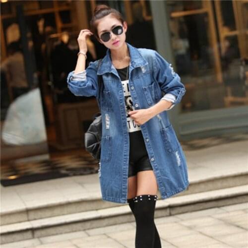 Autumn Fashion Cowboy Coat Women Hole Harajuku Pocket Folds Long Sleeve Solid Color Denim Clothes Long Loose Female Fashion