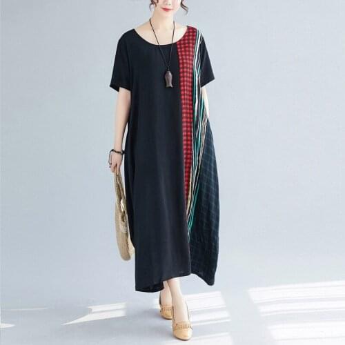 Johnature Summer New Korean Loose O-neck Short Sleeve Solid Color Patchwork Dresses Women Casual Simple Pullover Long Dress 2019