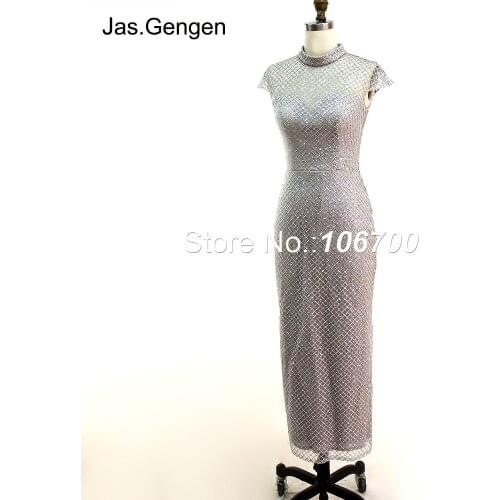 Elegant Glitter Fabric Prom Dresses vestido de festa High Neck Cap Sleeves Tea Length Sheer Illusion Long Party Evening Gowns