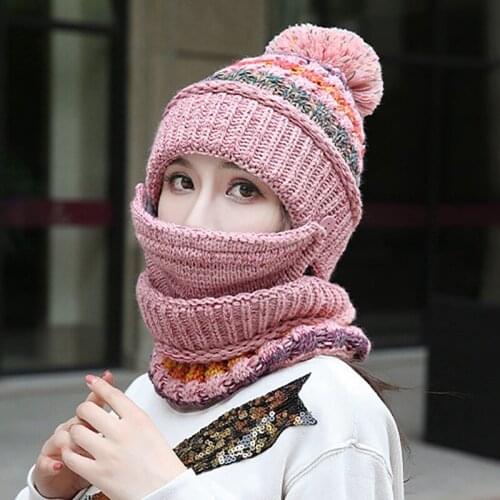Winter Ski Knitted Cap Women outdoor Sport Running Hiking Hat Girls Detachable Warm Scarf Hats a2
