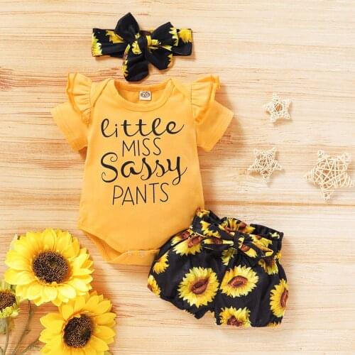 3Pcs Newborn Baby Girl Clothes Sets Short Sleeve Romper Sunflowers Pants Bow Headband Baby Girl Yellow Outfits Summer Sets 0-24M