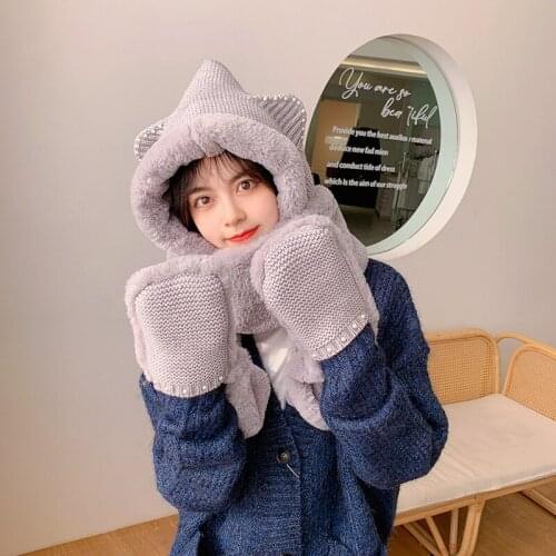 2021 fashion 3 In 1 Women Winter Warm Soft FashionThickening Hood Scarf Snood Pocket Hats Gloves Hooded Srarves Scarf Hat Glove