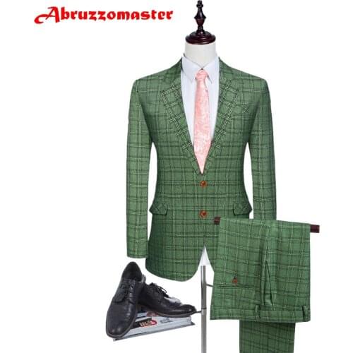 Abruzzomaster Green Check Blazer for Groom Tuxedos Tailor Suits Plaid Man Suit 2 Buttons Wedding Suit 2 Pieces Business Suit
