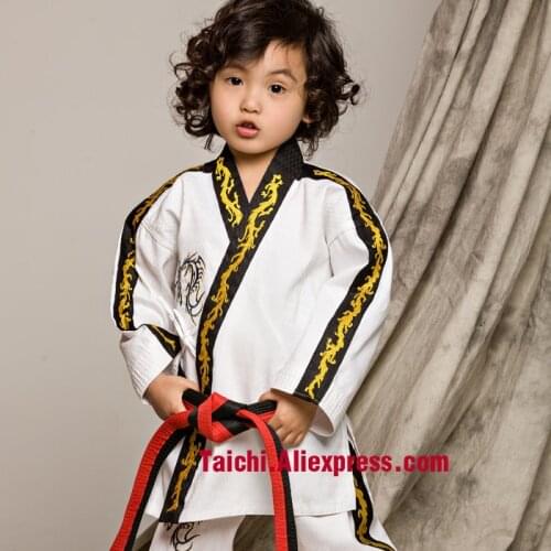 Martial Arts Tae Kwon Do Children Taekwondo Uinform For Poomsae & Training,WTF Uniform,110-155cm White Color Dragon Embroidery