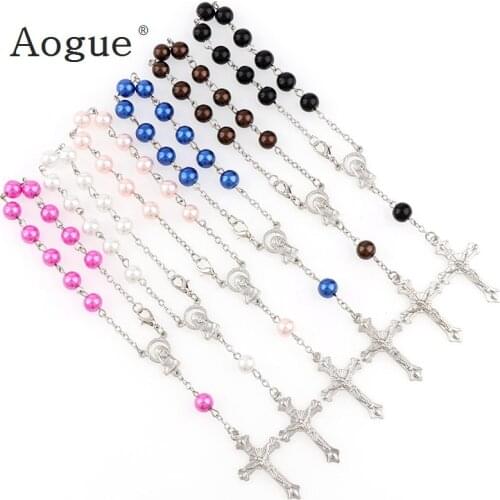 8mm Colorful Glass Pearl Beads Rosary Bracelet With Silver Lobster Made Metal Maria Center And Jesus Crucifix Cross Pendants