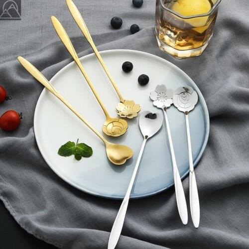 Ice Cream Dessert Spoon Stainless Steel Flower Spoon Teaspoon Coffee Spoon long Handle Spoon For Coffee Tea