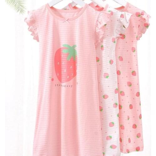 Girls Night Dress Baby Girl Short Sleeve Dress Cotton Cartoon Strawberry Print Girl Dress Toddler Homewear 3-18Y Kids Pajamas