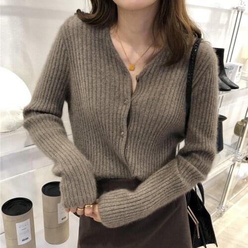 European and American trend womens V-neck long-sleeved cashmere knitted short cardigan fashion wild jacket wool sweater Selling