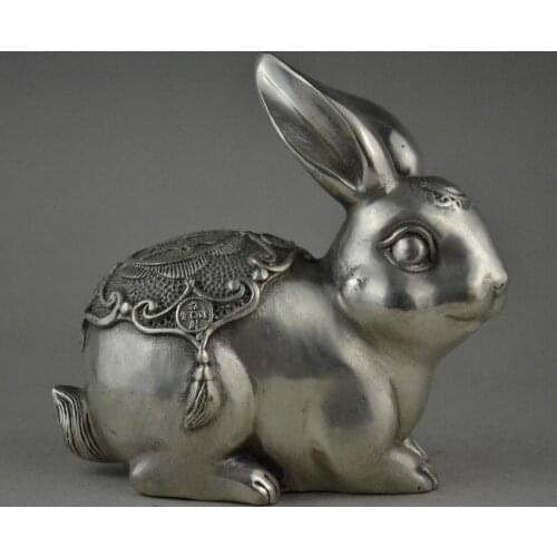 Collectible china noble handwork old tibet silver carve rabbit decor statue