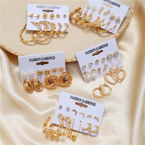 Trendy Geometric Gold Metal Hoop Earrings Set For Women Moon Butterfly Heart Pearl Earrings Round Circle Earring Jewelry