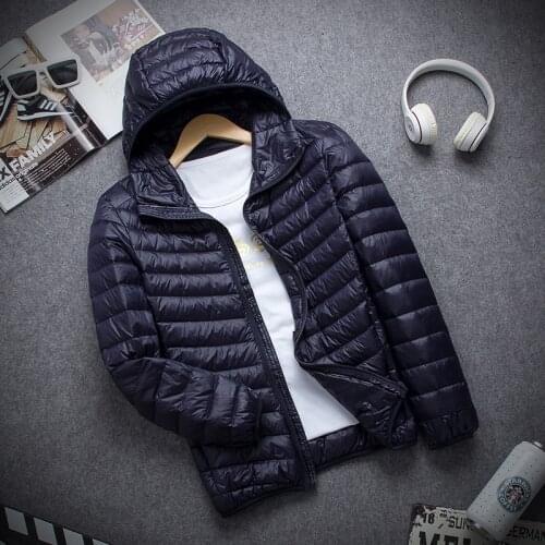 2020 New Ultralight Hoodie Mens Packable Jacket Winter Puffer Outerwear Coat Long Sleeves Solid Color White Duck Down