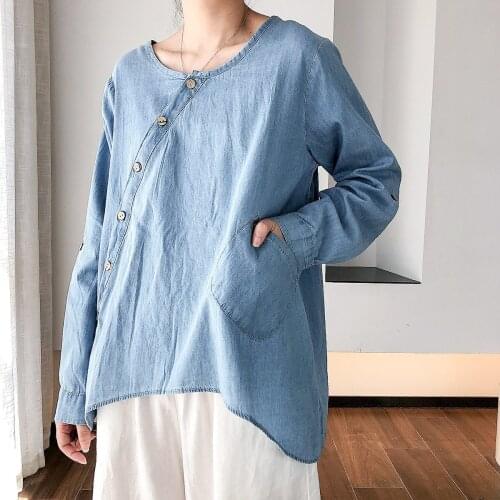 QPFJQD Ladies Loose Solid Color Irregular Pocket Blouse Tops 2021 Spring Autumn Shirt Women O Neck Loose Button Shirts Blue