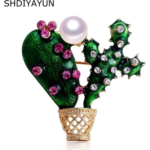 SHDIYAYUN 2019 Factory Direct Sale Enamel Cactus Brooch Natural Freshwater Pearl Brooch Pins for Women Wedding Jewelry Gift