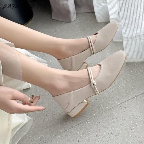 Elegant Women Single Shoes 3 Cm Square Low-Heel One Word Band Casual Pumps Soft Leather Two Wear Mary Jane Shoes Lady High Heels