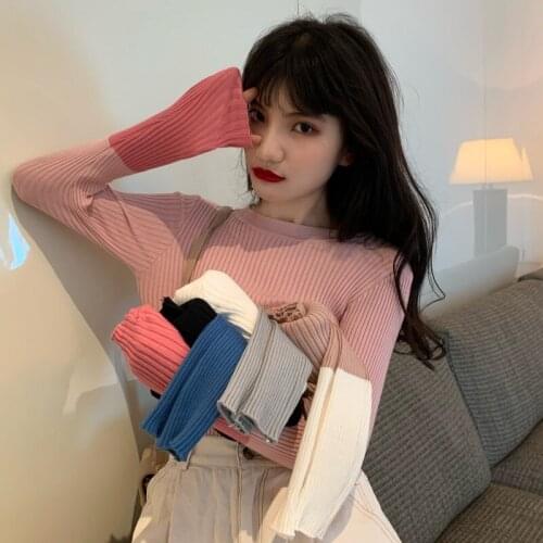 Womens spring and autumn new long-sleeved bottoming slim contrast color t-shirt