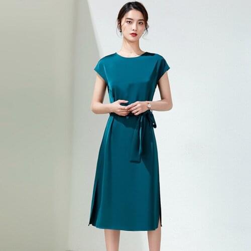 Womens 2020 Summer Dress High Waist Casual O-neck Mid-length Short-sleeved Vestidos Temperament Solid Color Dress Women Q38